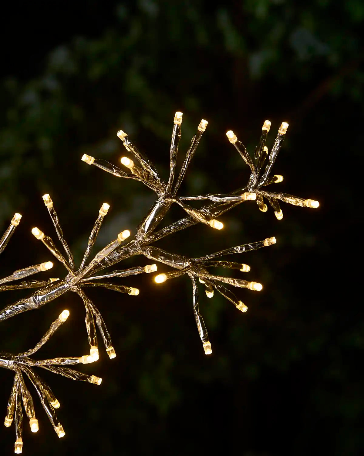 Twisted light branch holiday string lights glowing with warm white lights against a dark, blurred outdoor background.