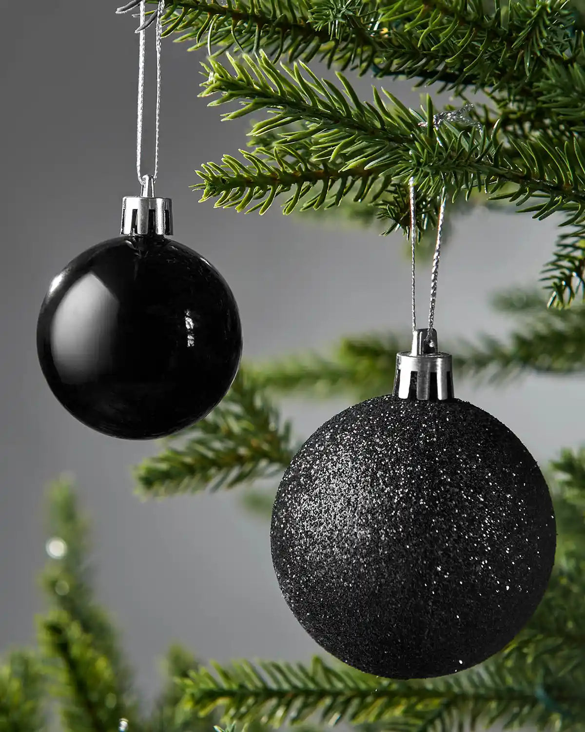 Two black Christmas baubles hanging on a tree branch with a grey background