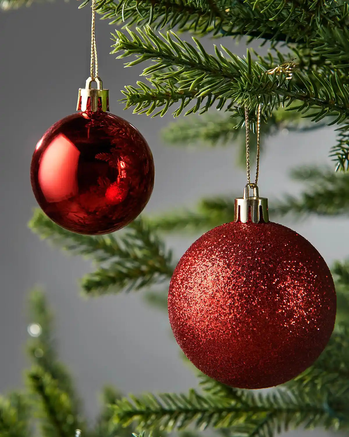 Two small red Christmas baubles hanging on a tree branch with a blurred background