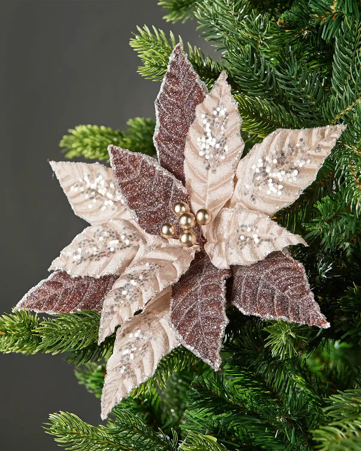 Two-tone brown and beige glitter artificial poinsettia flower attached to Christmas tree in front of grey wall background