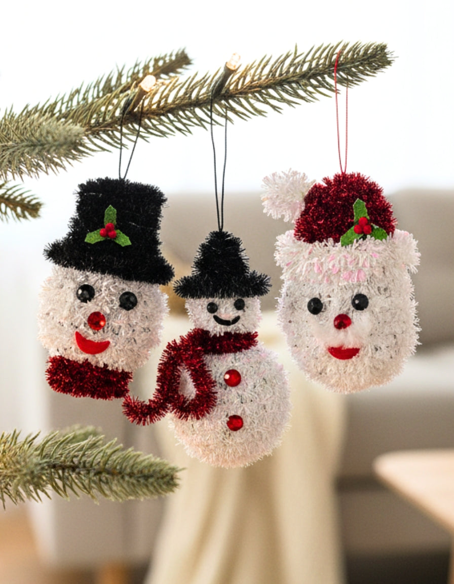 Pack of 3 Hanging Tinsel Snowman Decorations, 16 cm