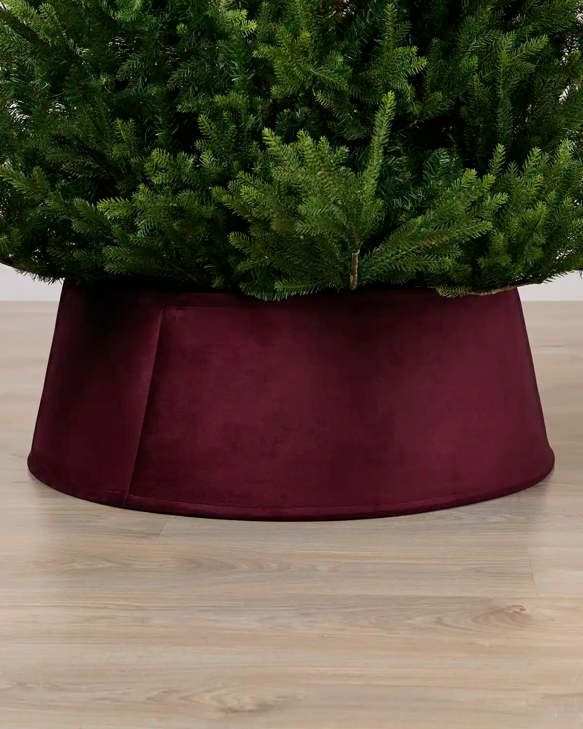 Velvet burgundy tree collar around the base of a green Christmas tree placed on a light brown wooden floor