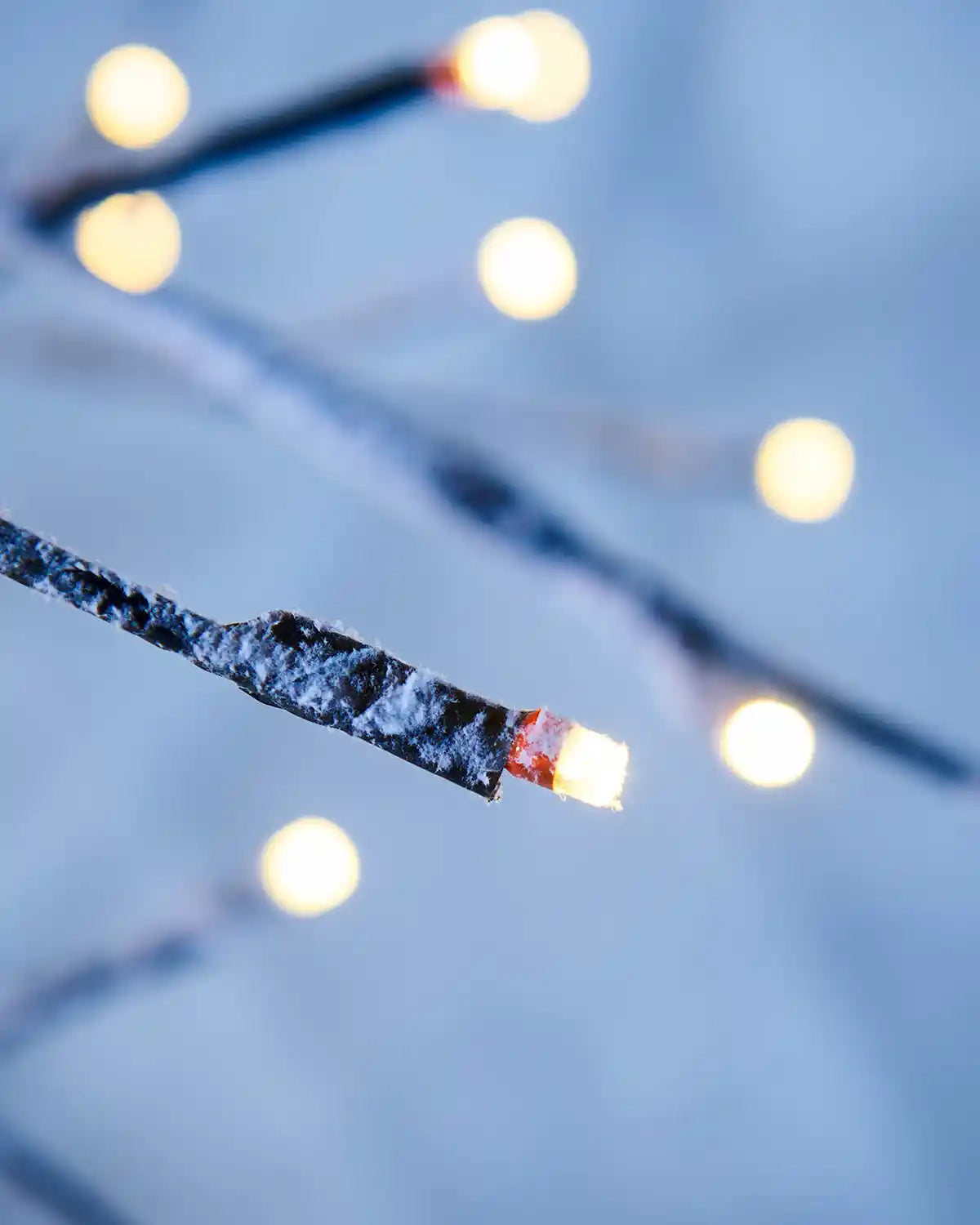 Close-up of a fibre optic warm white single lit light with blurred lights in background