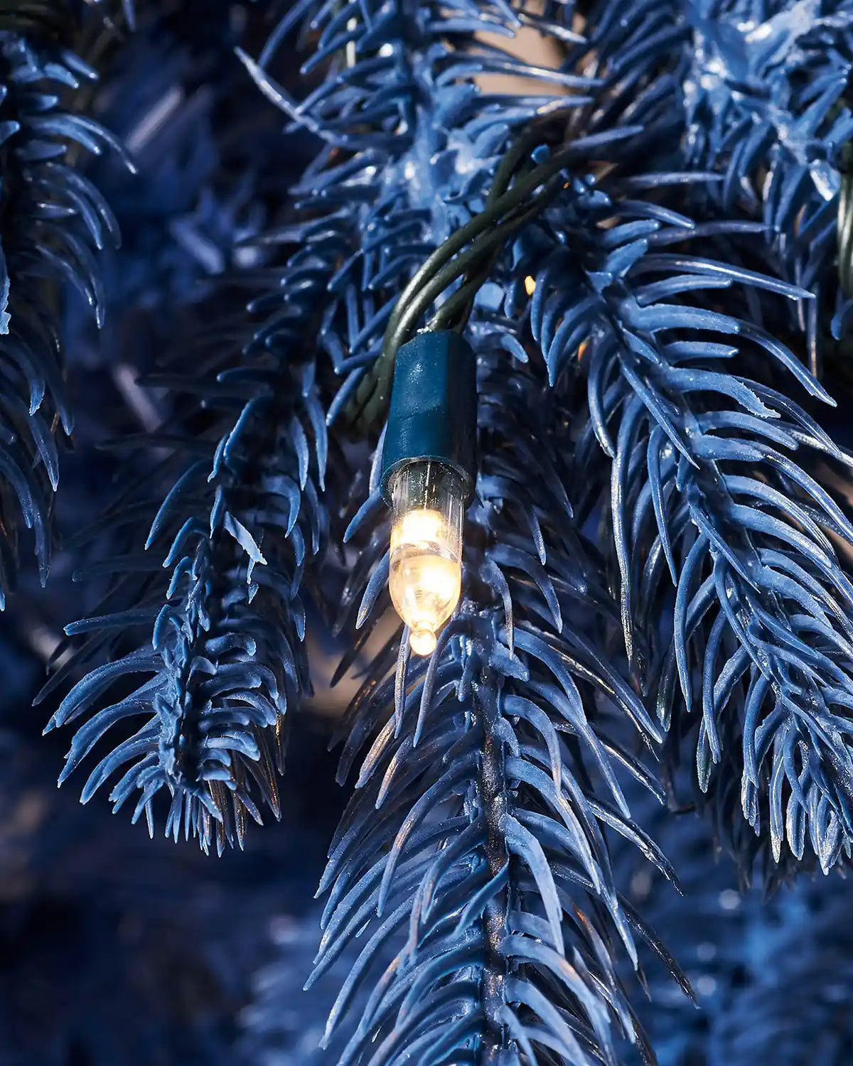 Close up of PVC and PE single lit light on a Sapphire Blue Christmas tree
