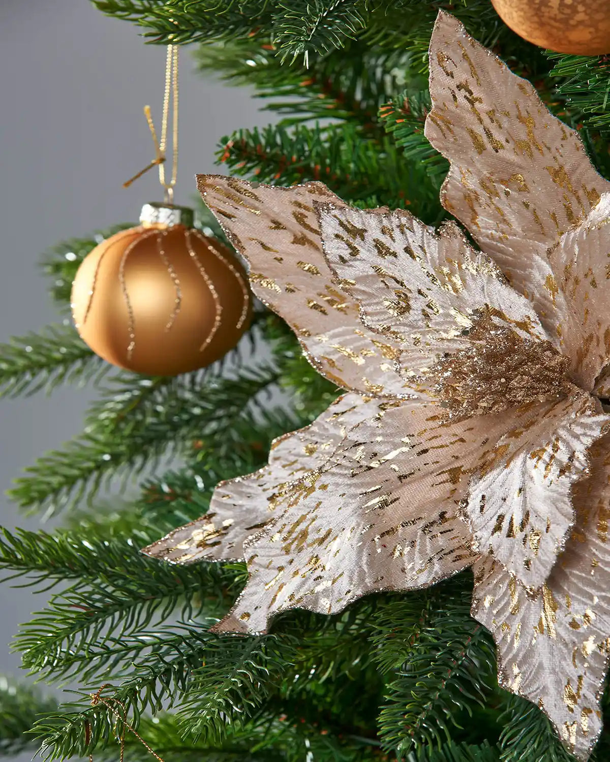 Close up of Decorative gold ornament and poinsettia on a Christmas tree with gold baubles