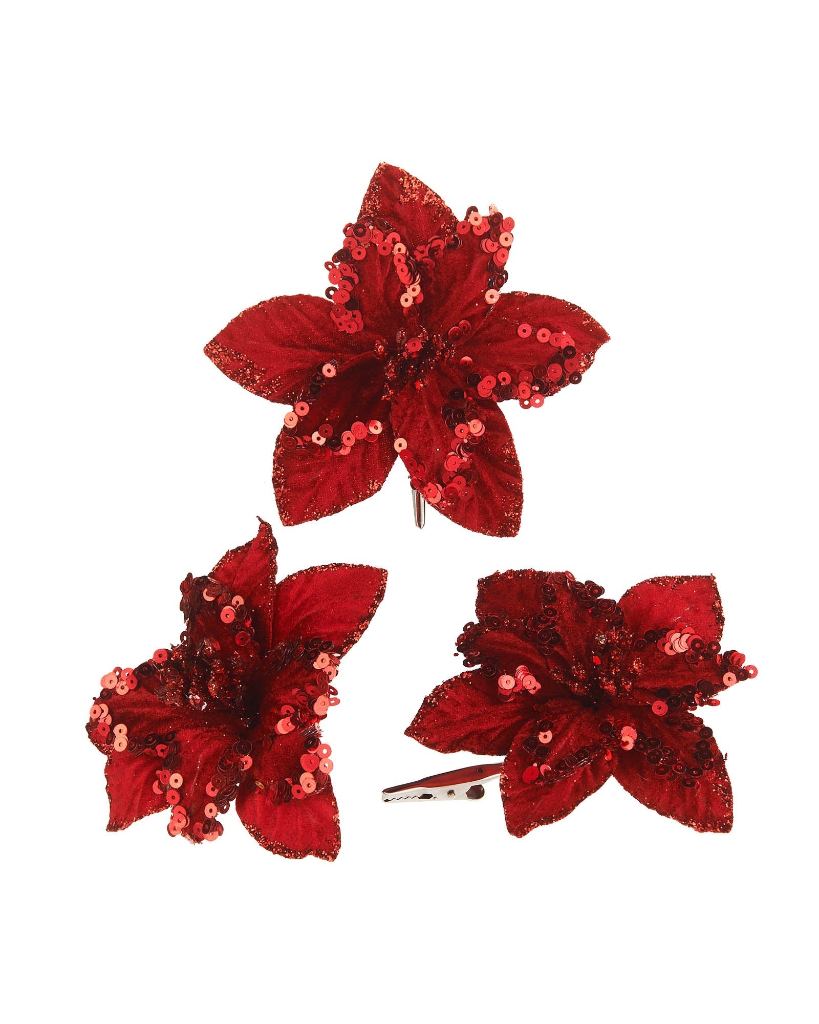 Set of 3 Red Artificial Poinsettia Flowers with Clip, 12 cm