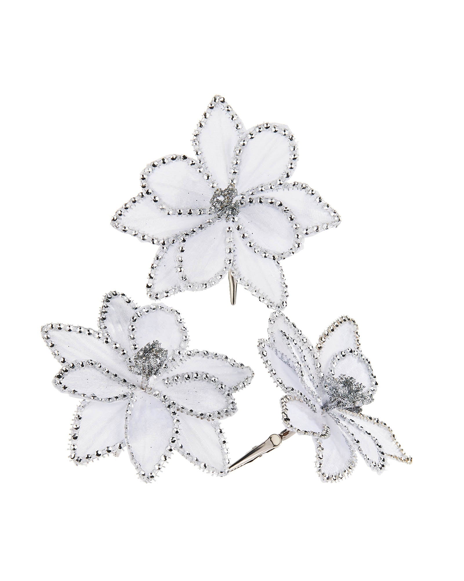 Set of 3 White Artificial Poinsettia Flowers with Clip, 12 cm