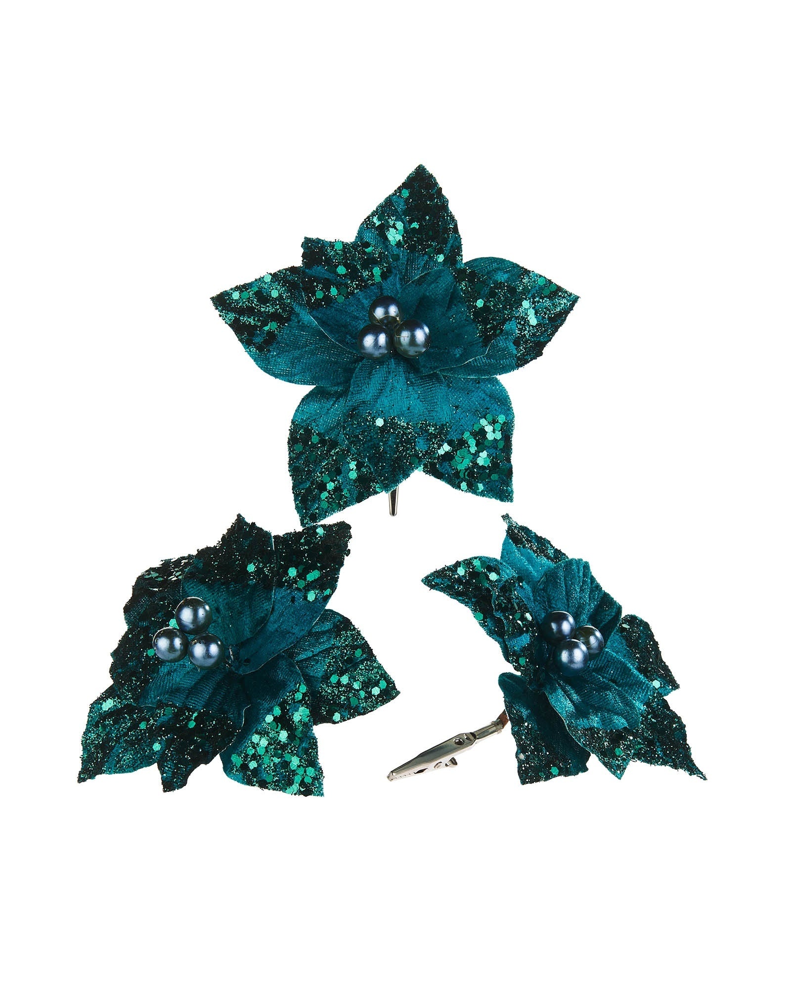 Set of 3 Emerald Artificial Poinsettia Flowers with Clip, 12 cm