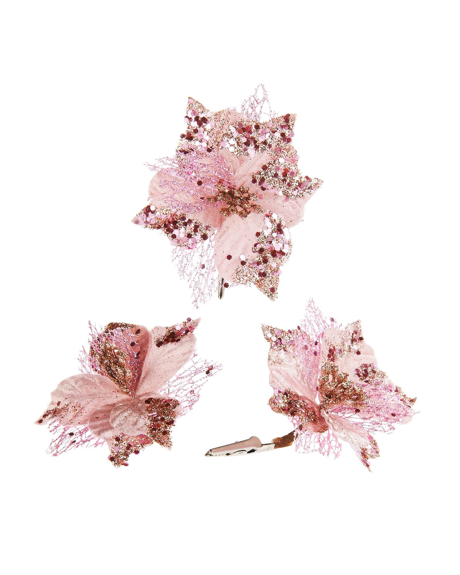 Set of 3 Baby Pink Artificial Poinsettia Flowers with Clip, 12 cm