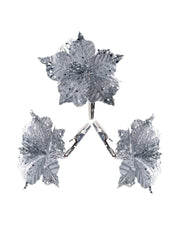 Set of 3 Silver Artificial Poinsettia Flowers with Clip, 12 cm