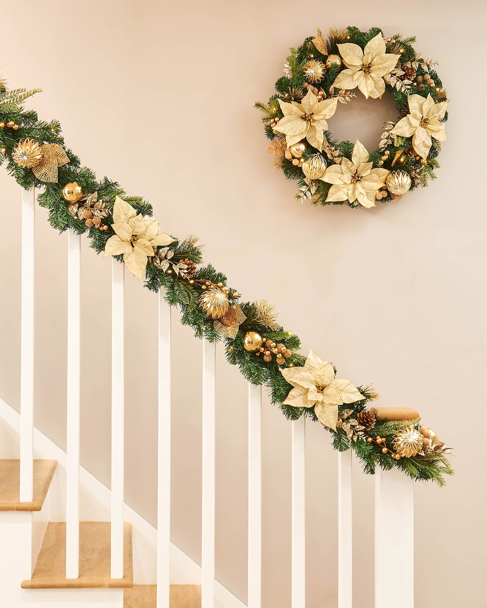 Pre-Lit Decorated Garland, Cream & Gold, 9 ft