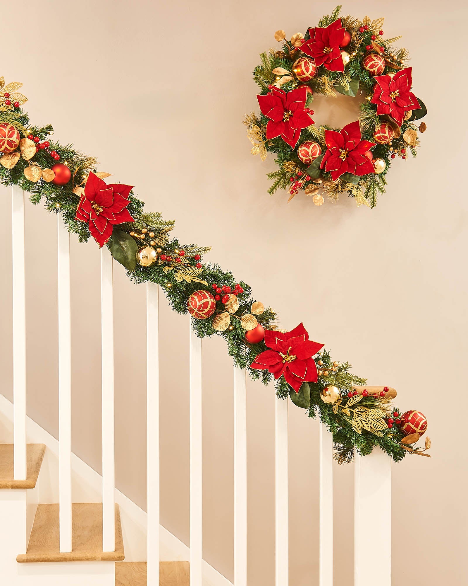 Pre-Lit Decorated Garland, Red & Gold, 9 ft