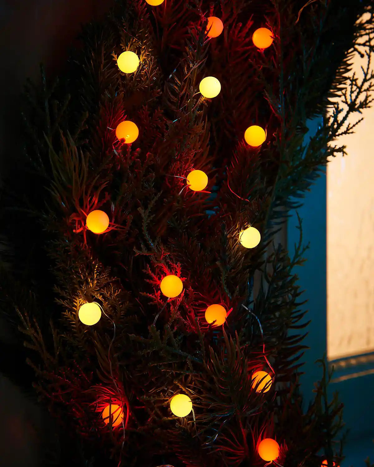 Yellow and orange berry lights wrapped around a tree 
