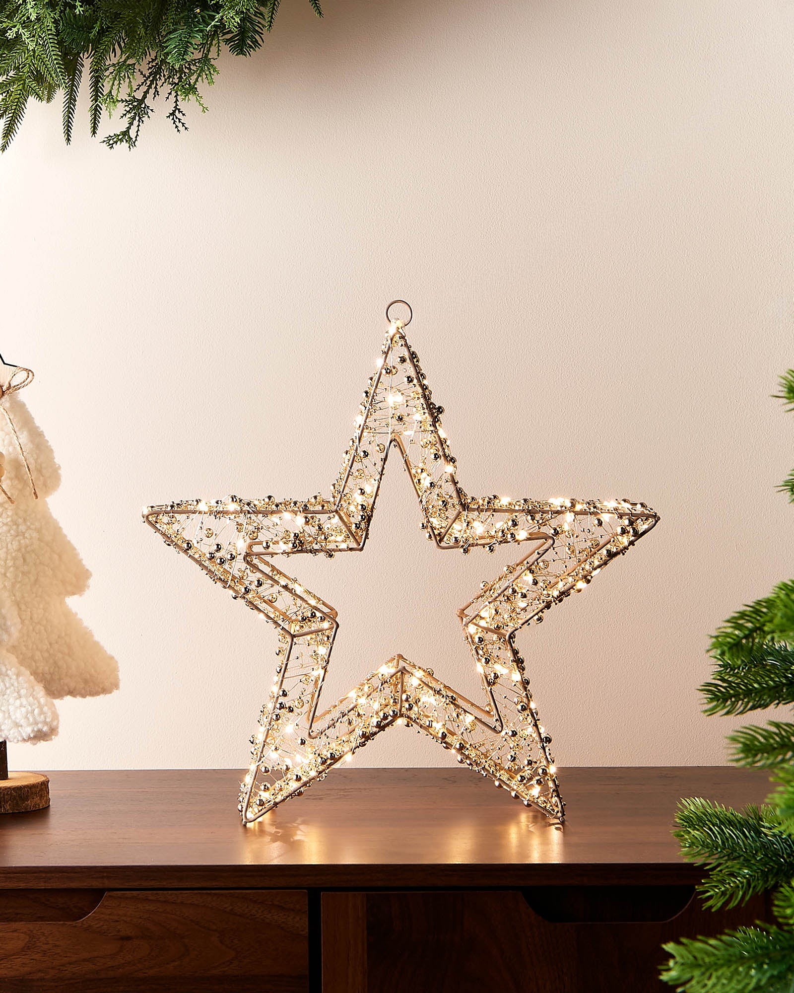 Pre-Lit Beaded Gold Star, 38 cm