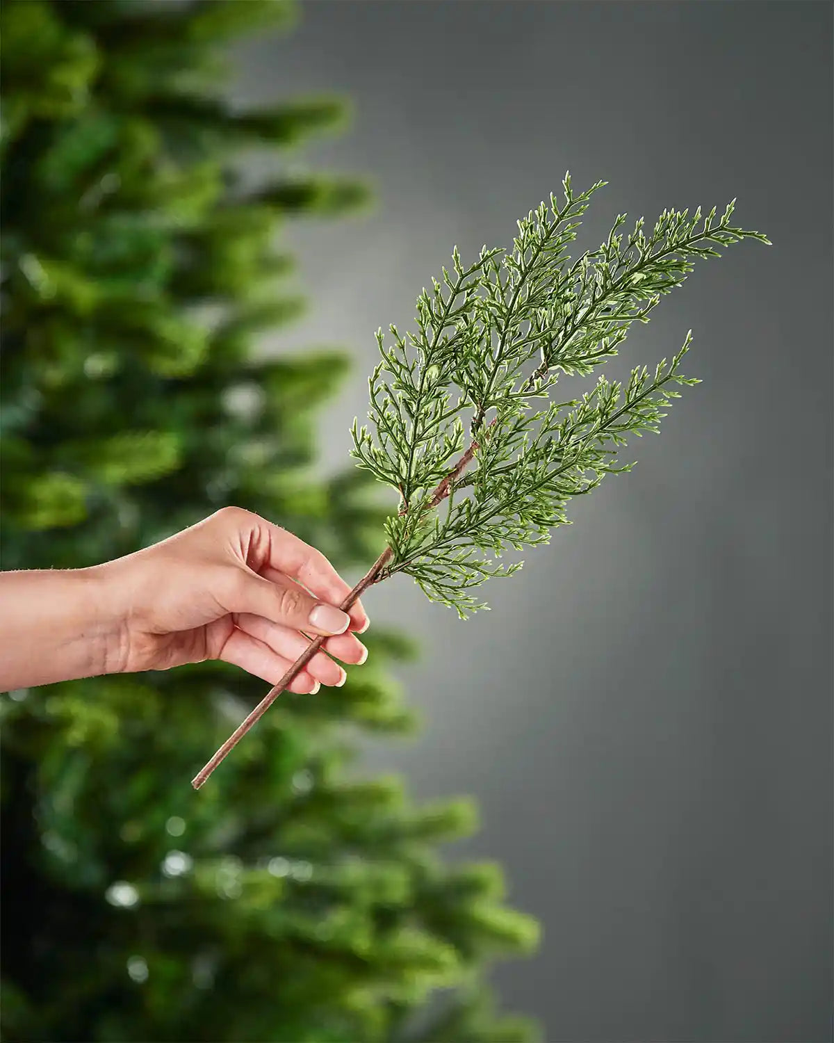 Hand holding a branch of artificial greenery against a dark background
