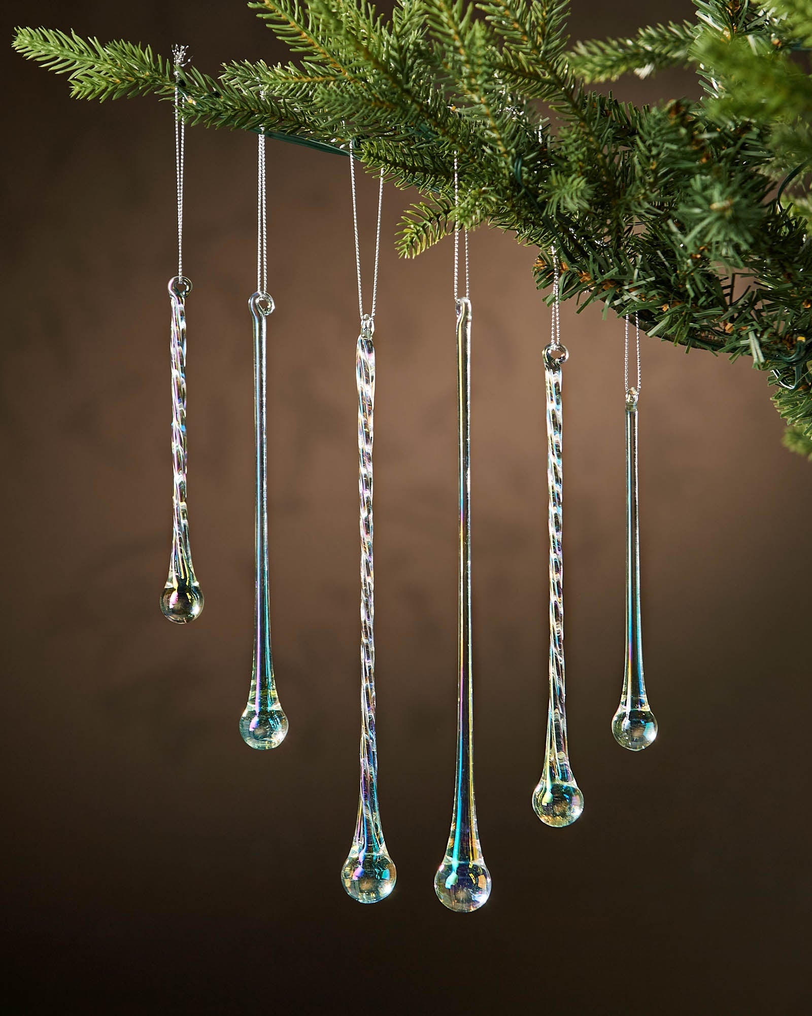 Set of 6 Iridescent Glass Teardrop Icicles, 25 cm