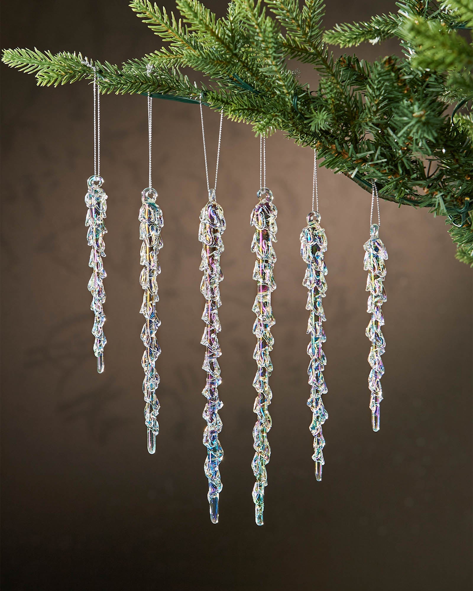 Set of 6 Iridescent Melting Glass Icicles, 25 cm
