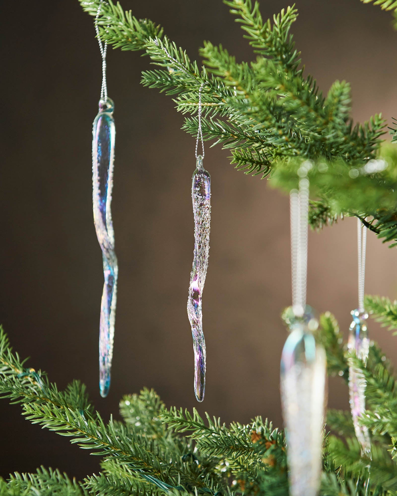 Set of 6 Iridescent Frosted Glass Icicles, 25 cm