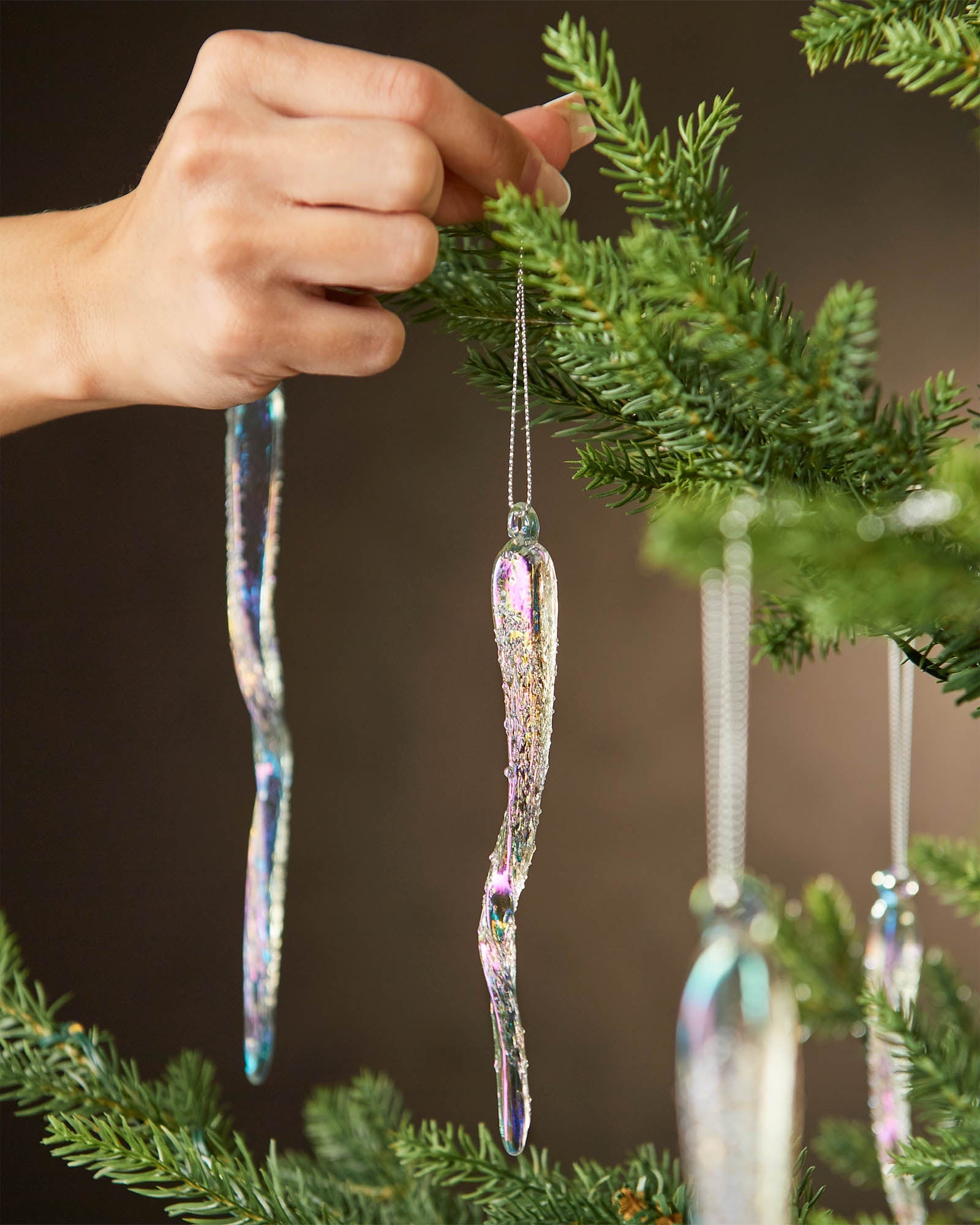 Set of 6 Iridescent Frosted Glass Icicles, 25 cm