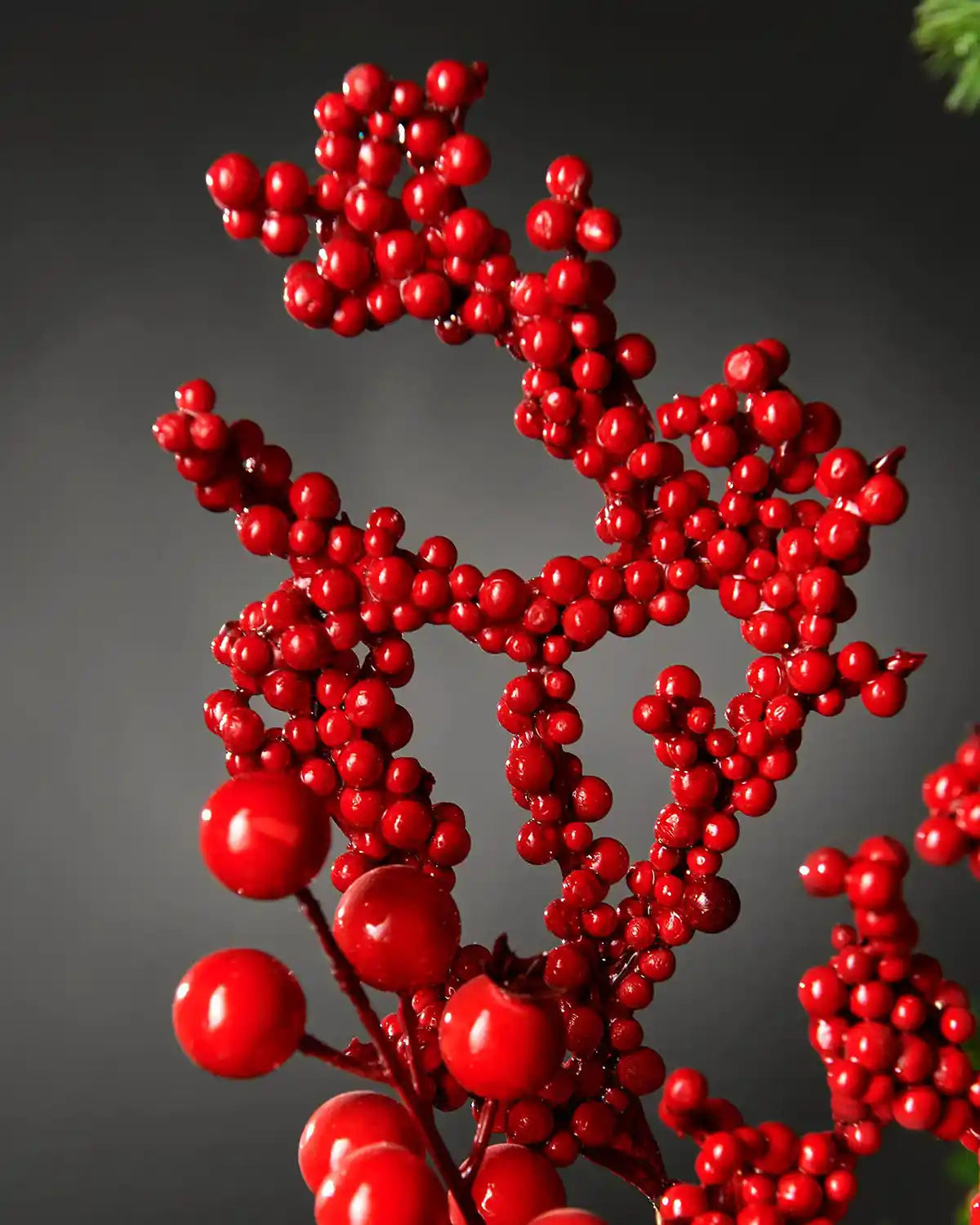 Close up of decorative branch with small and larger red berries on a Christmas tree against a grey background 
