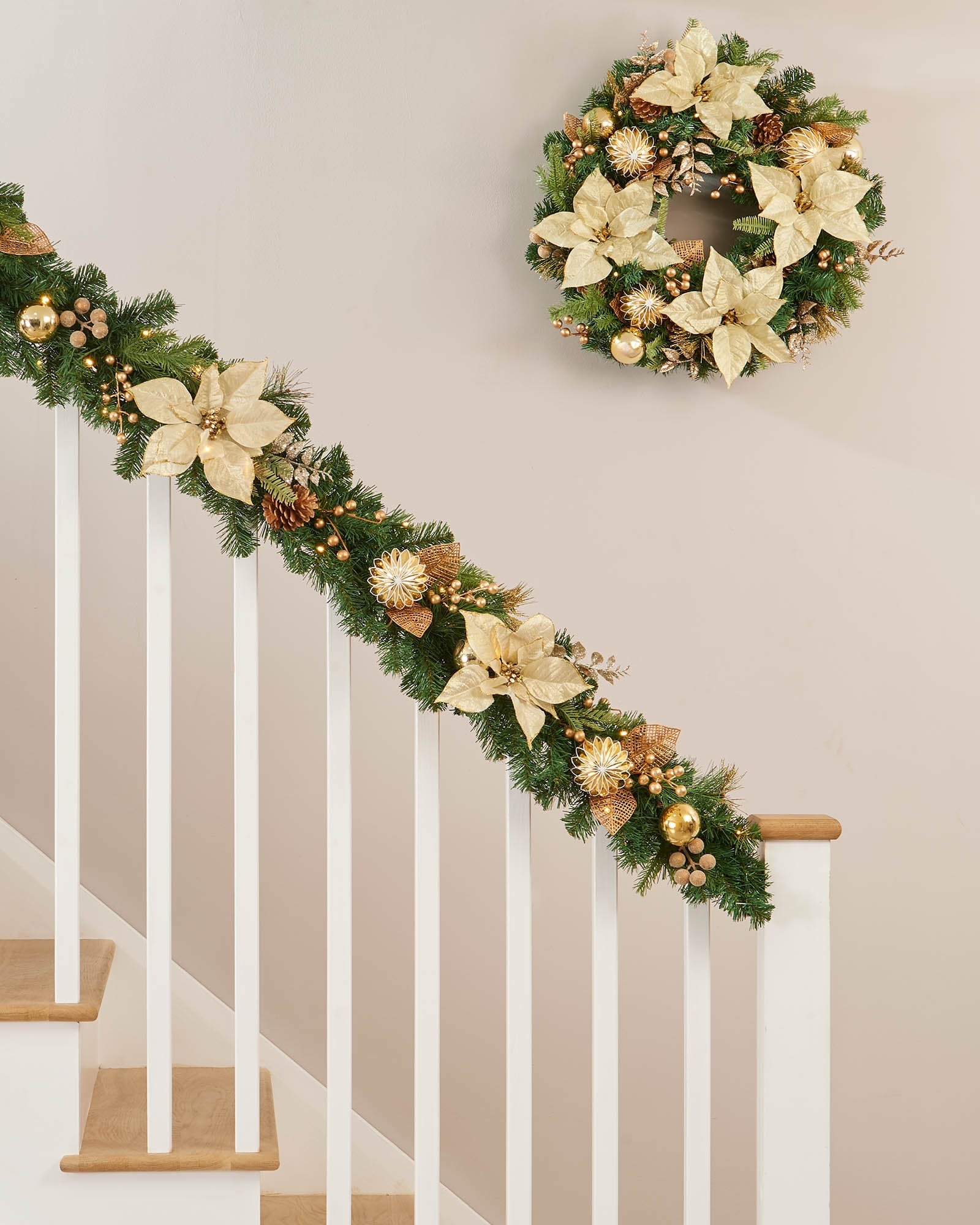 Pre-Lit Decorated Garland, Cream & Gold, 6 ft