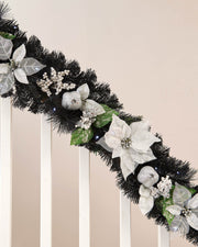 Pre-Lit Decorated Black Garland, White & Silver, 9 ft