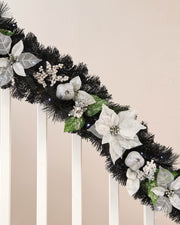 Pre-Lit Decorated Black Garland, White / Silver