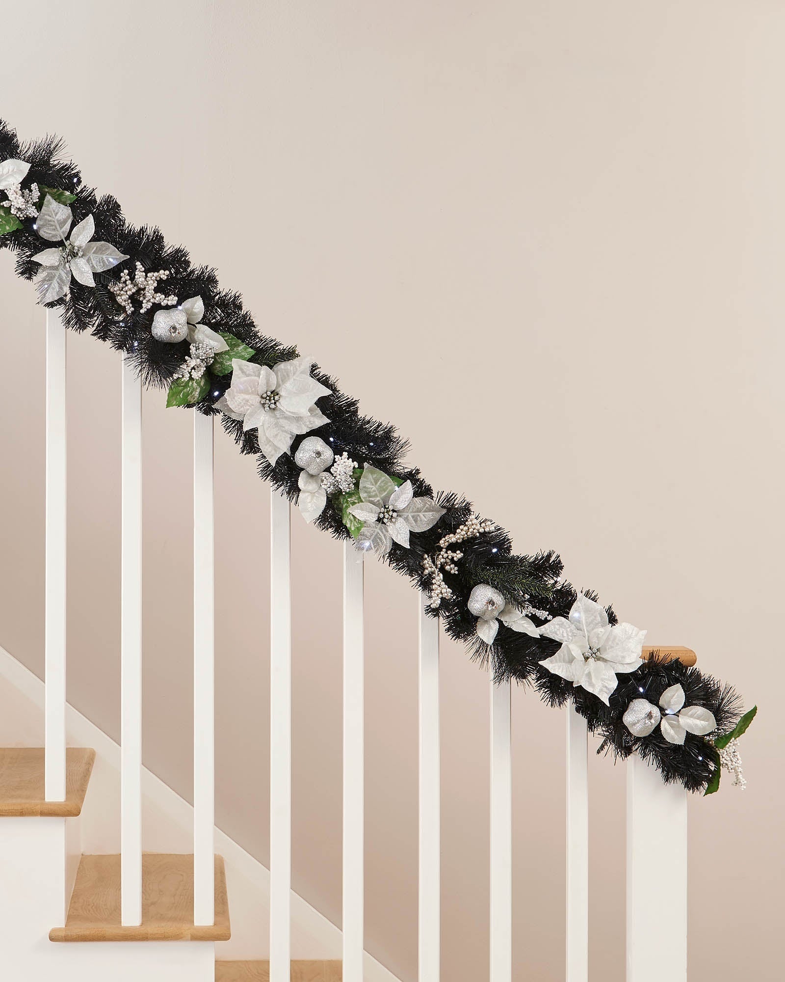 Pre-Lit Decorated Black Garland, White & Silver, 6 ft