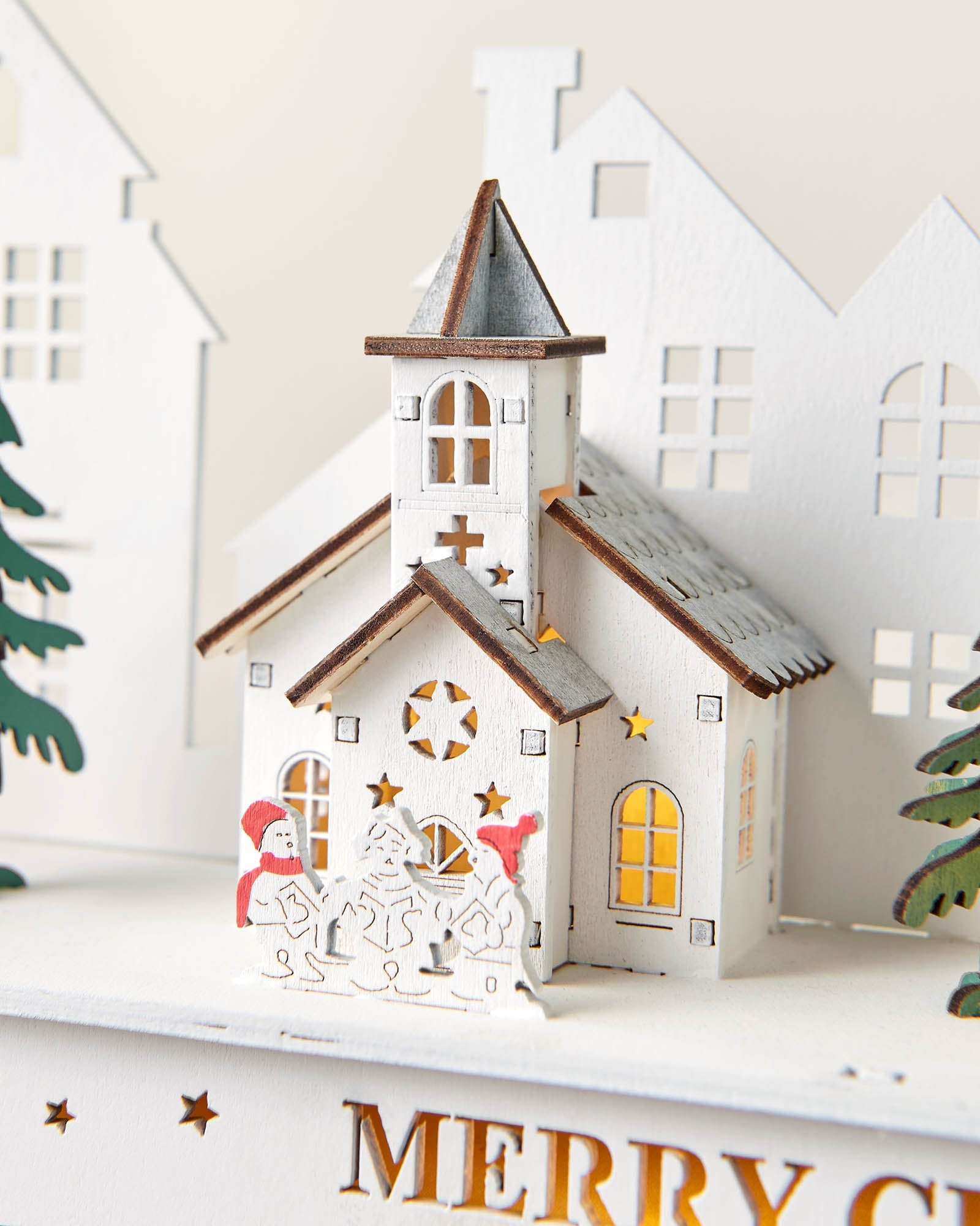 Pre-Lit Wooden Village Scene, White, 70cm