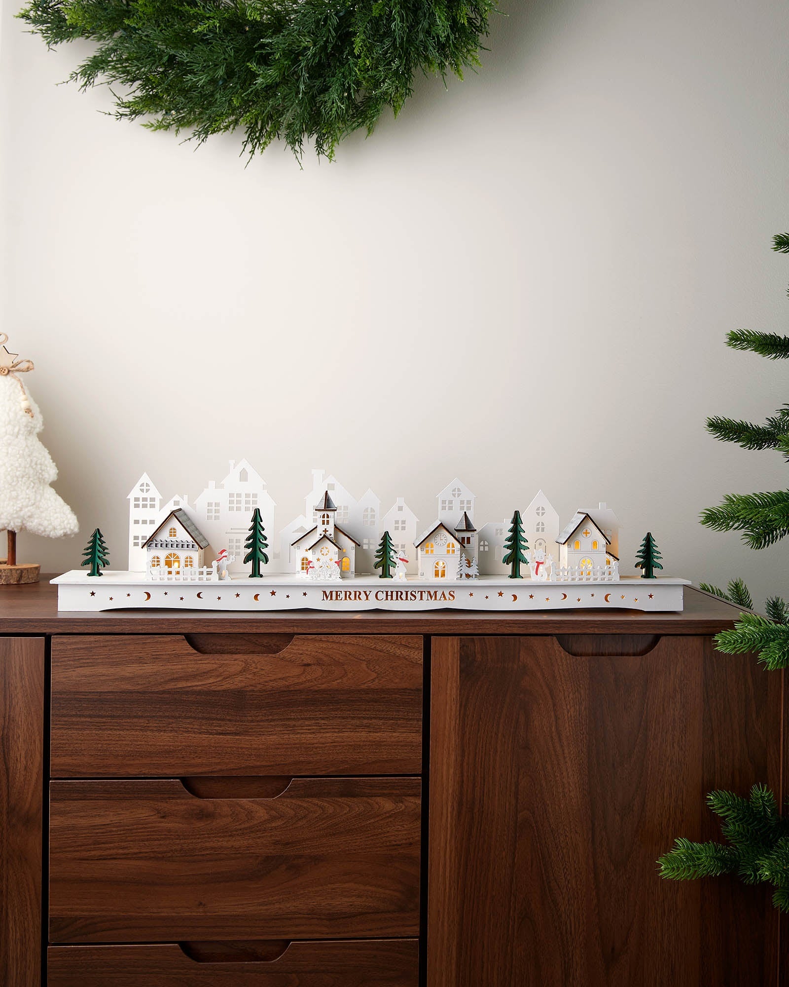 Pre-Lit Wooden Village Scene, White, 70cm