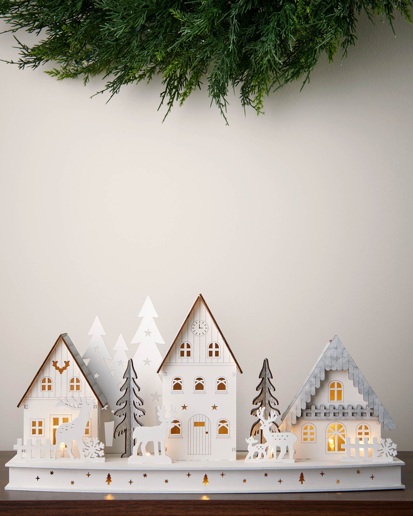 Pre-Lit Wooden Village, White, 40cm