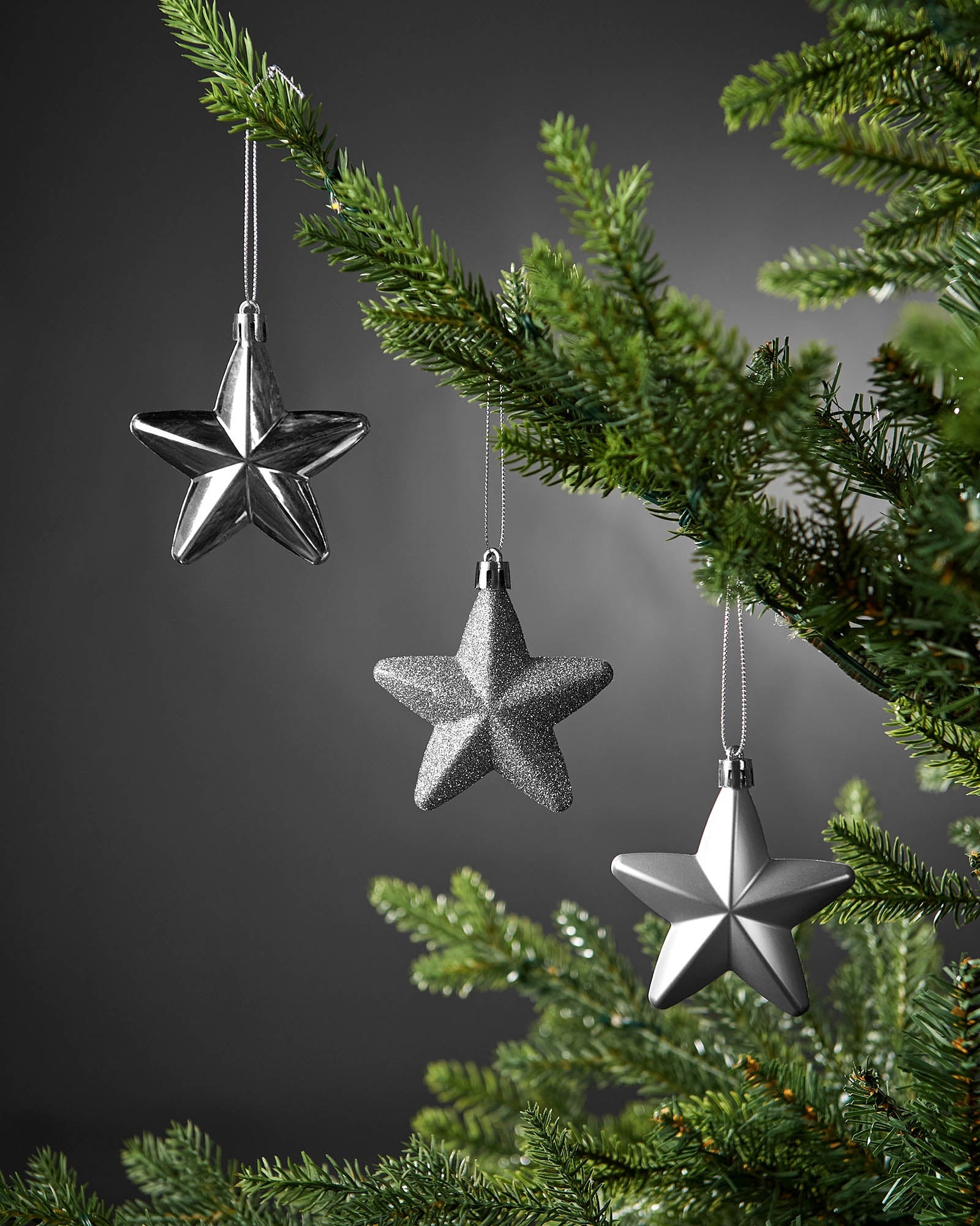 Set of 12 Hanging Stars, Silver, 7 cm