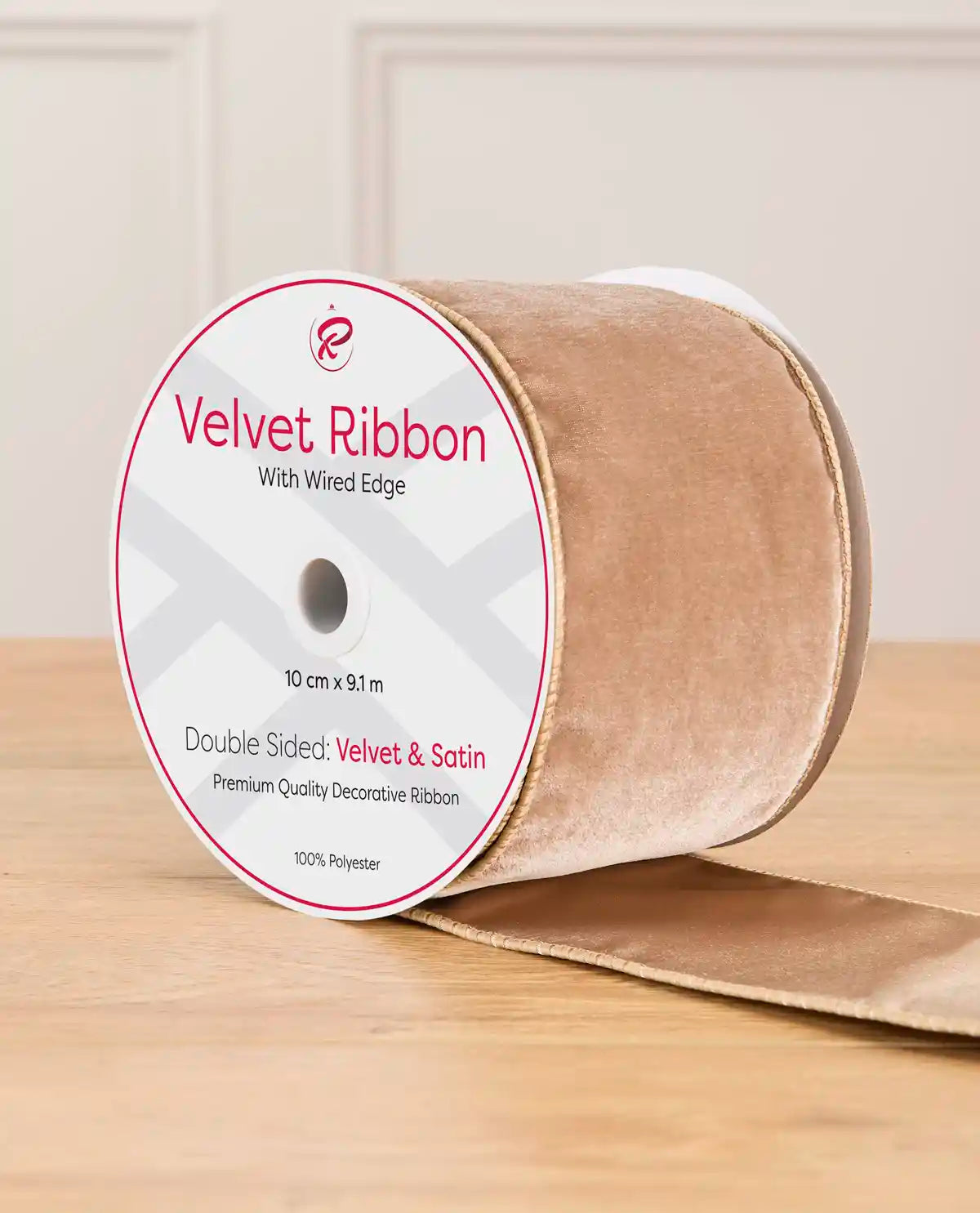 10 cm Double-Sided Wired Velvet Ribbon, Mocha, 9 m
