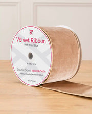 10 cm Double-Sided Wired Velvet Ribbon, Mocha, 9 m