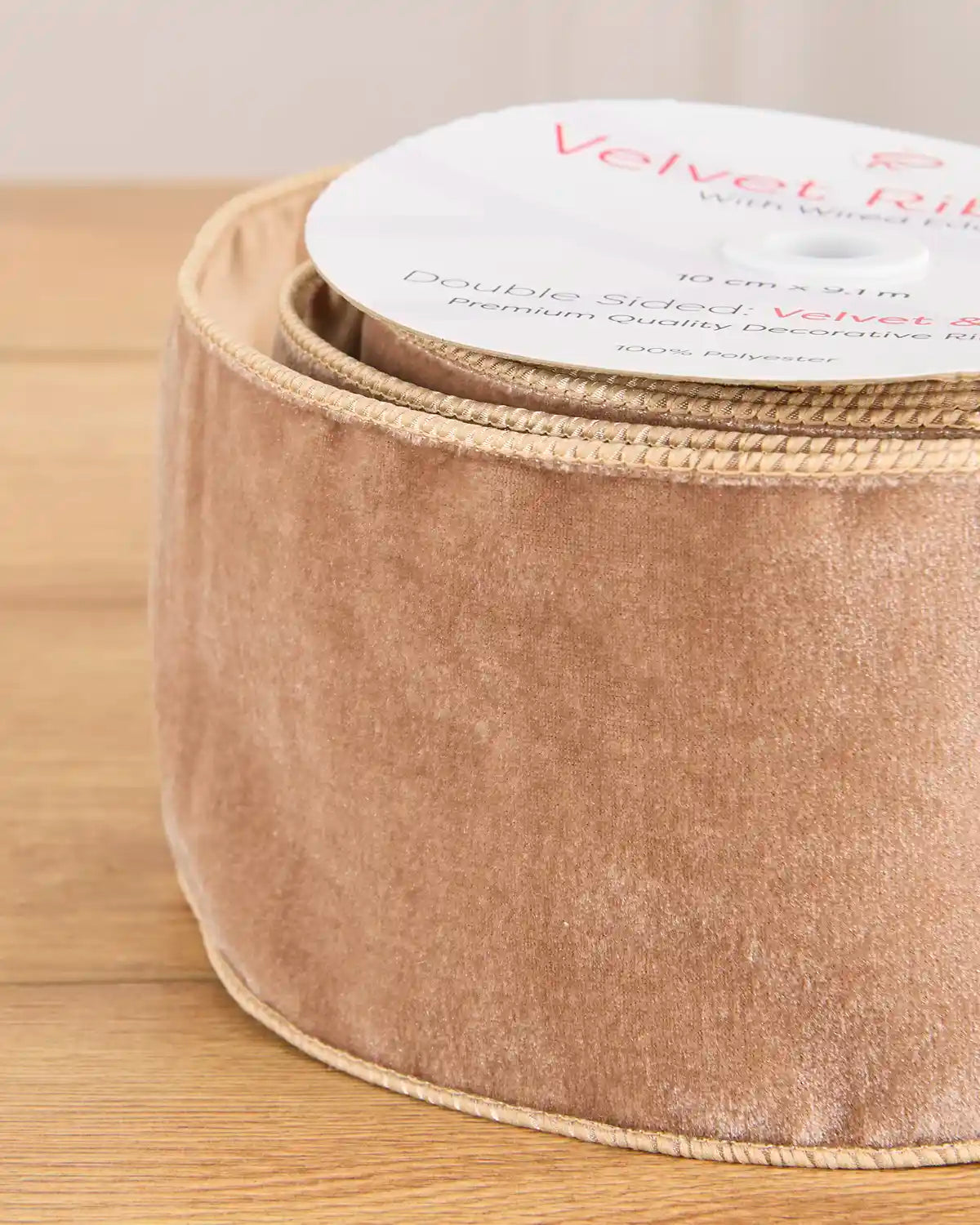 10 cm Double-Sided Wired Velvet Ribbon, Mocha, 9 m
