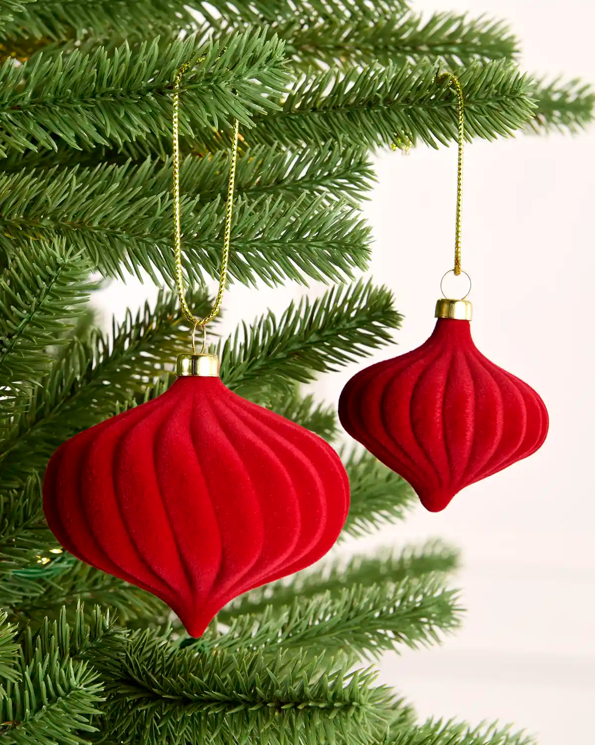 Two red ribbed velvet Christmas tree ornaments hanging from gold chains on green pine branches against a light background.