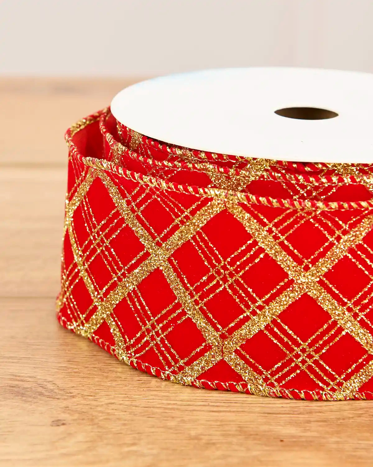 Glitter Diamond Velvet Wire Edge Ribbon, Red, 9 m