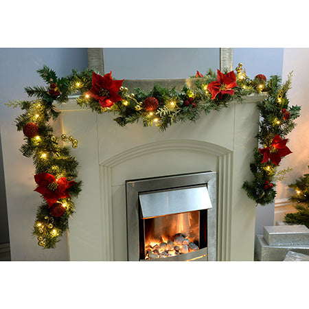 Pre-Lit Decorated Garland, Red/Gold, 9 ft