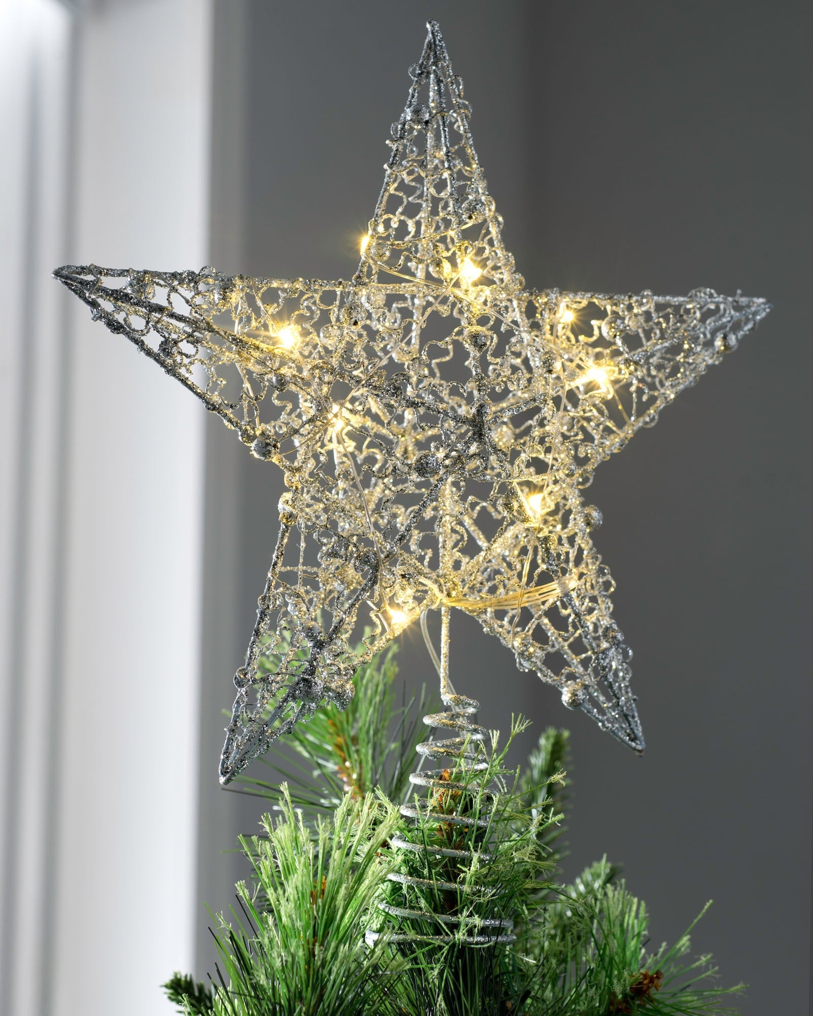 Pre-Lit Star Christmas Tree Topper, Silver, 31 cm