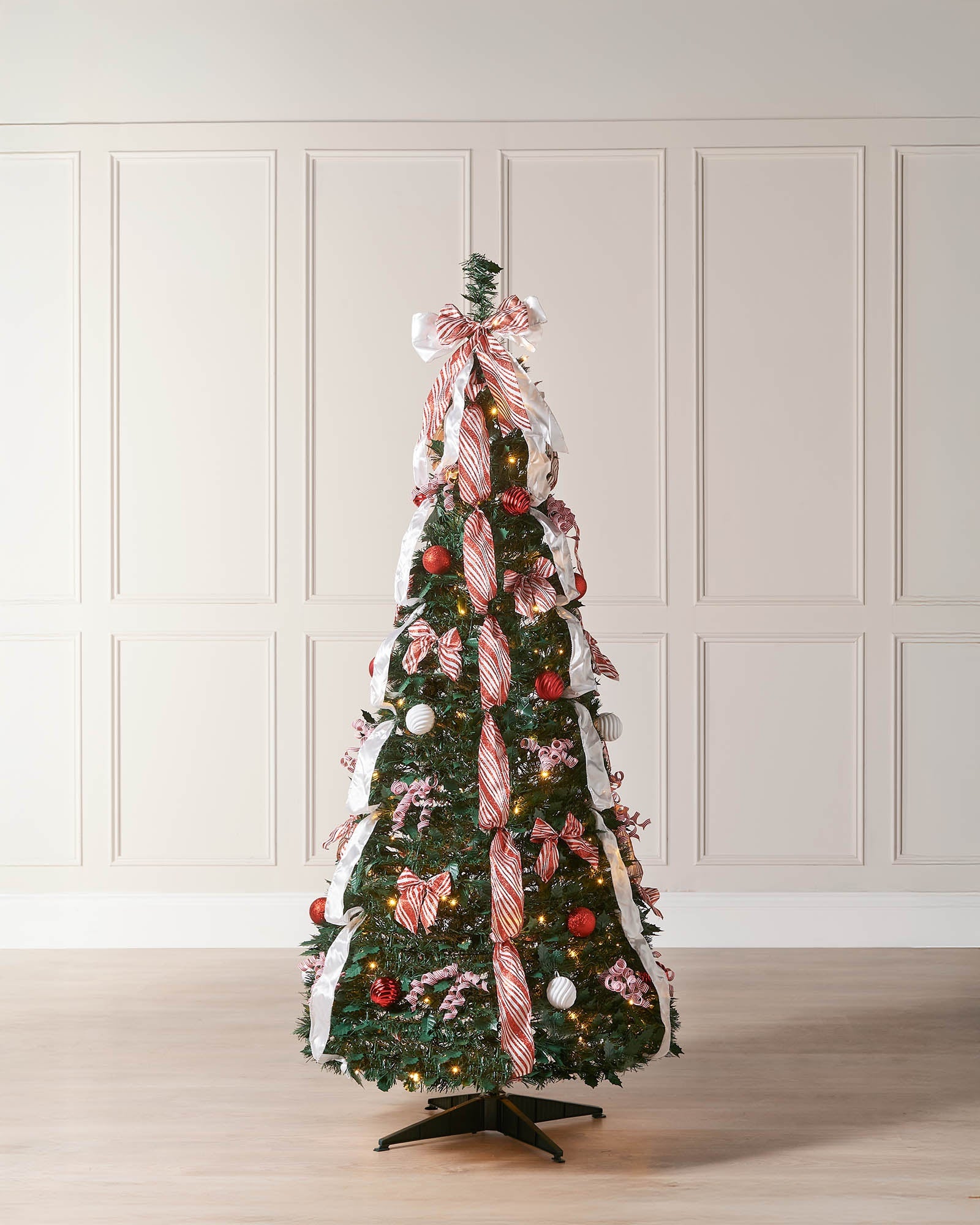 Pre-Lit Pop-Up Decorated Christmas Tree, Red/White, 6 ft