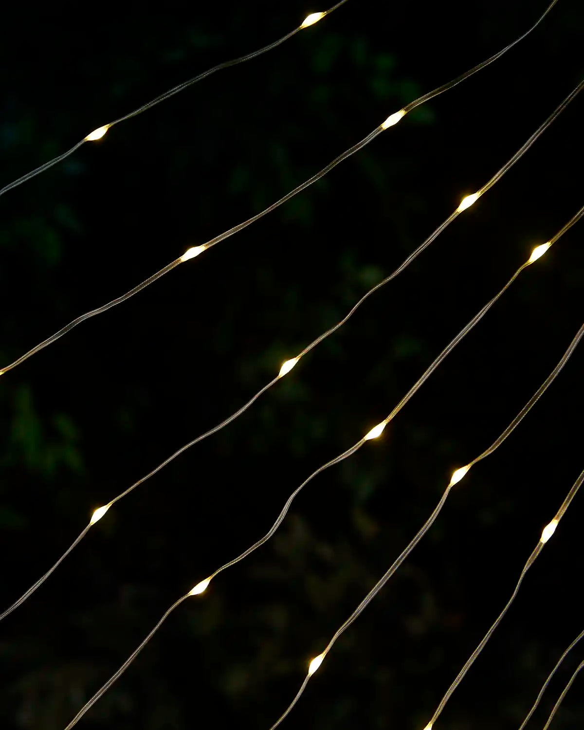 Warm white LED fairy string lights draped diagonally against a dark, blurred outdoor background.