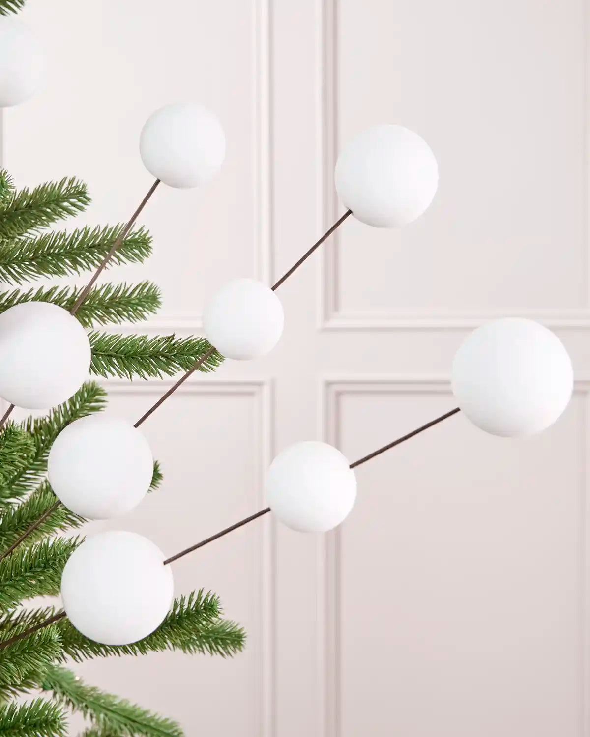 White Velvet Bauble Picks displayed on Christmas tree branches
