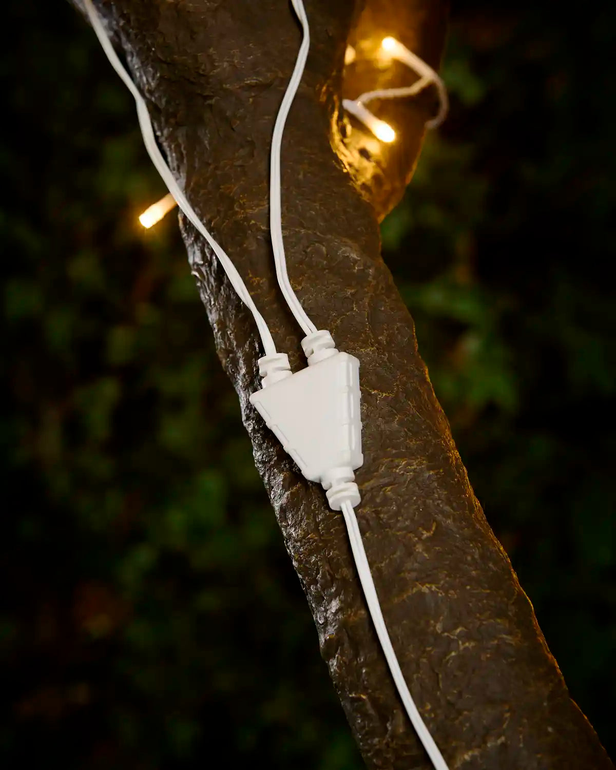 White Y Cord Connector attached to a tree with warm white LED lights. 
