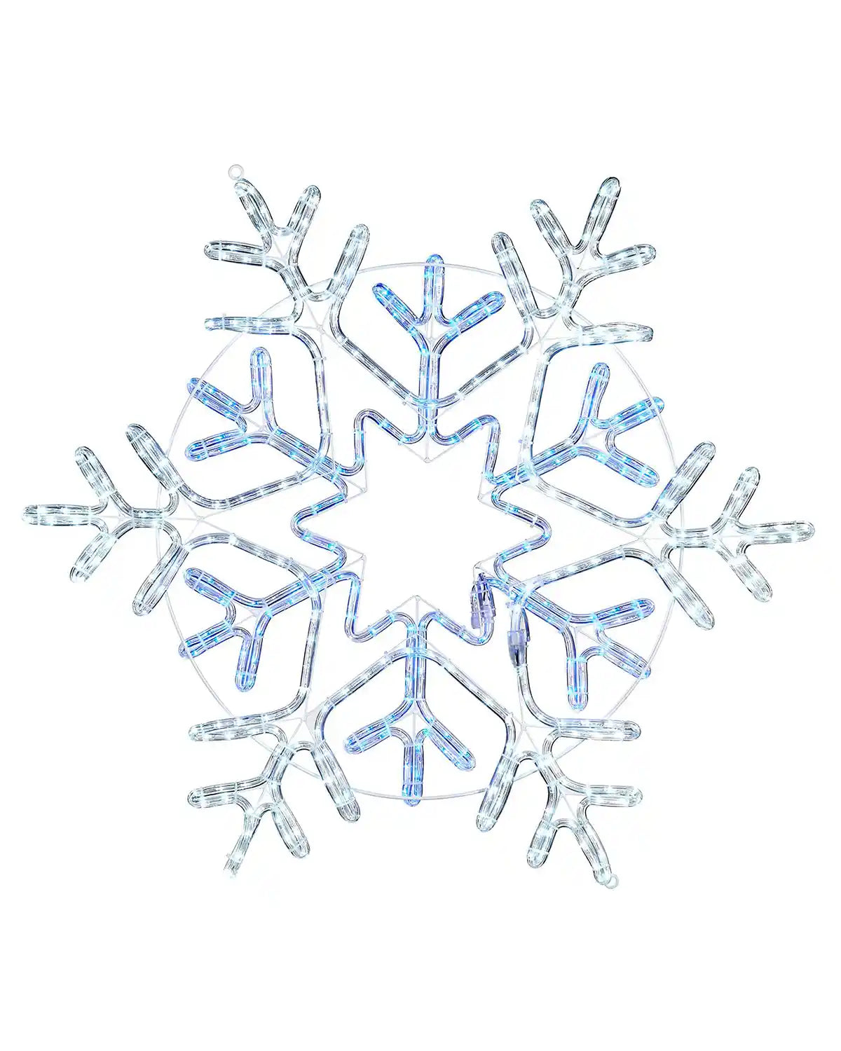 White and Blue LED lights in the shape of a Christmas Snowflake on a white background