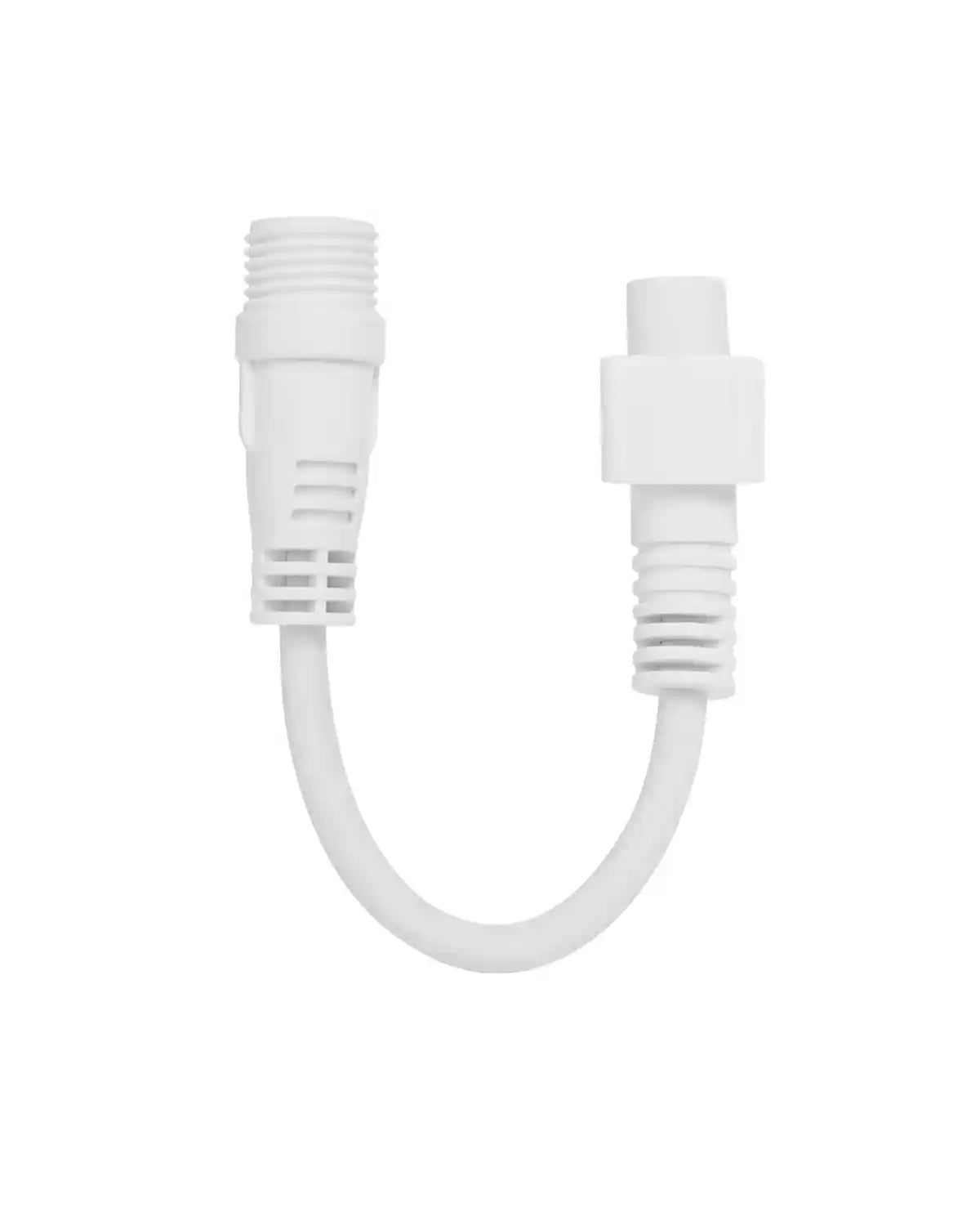 White cable in a U shape on a white background with 2 ends and a screw cap