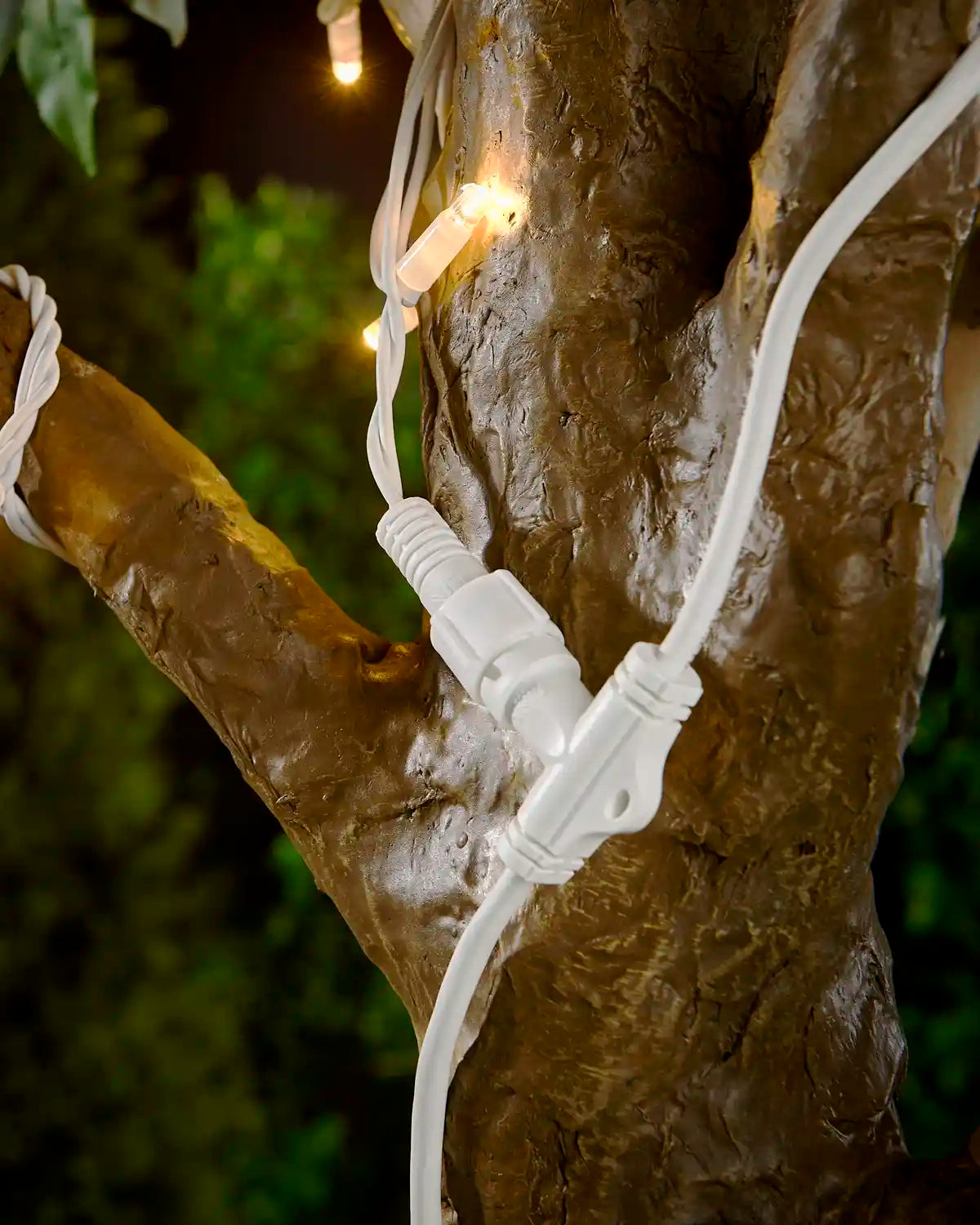 White connector cable in T shape connected together and attached to a tree with a blurry garden background