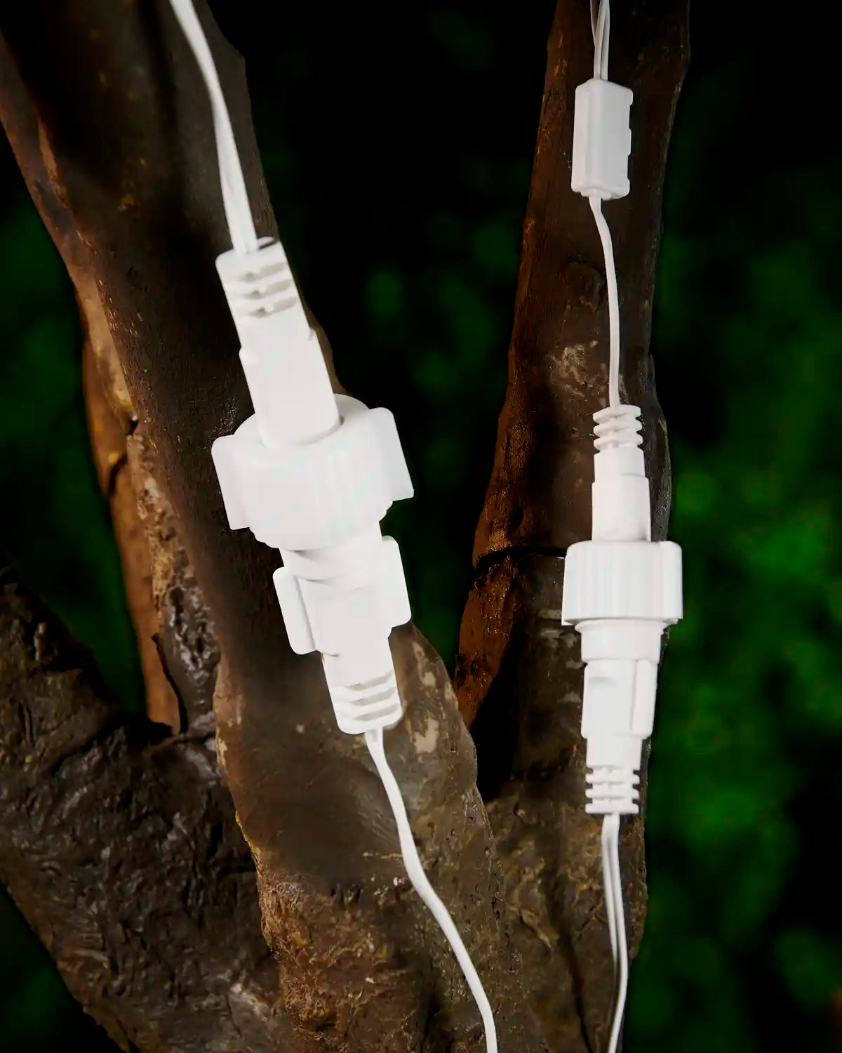 White screw cap connection points attached to a tree with blurry garden in the background. 