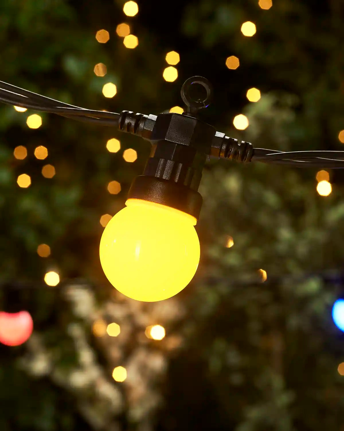 Yellow Festoon bulb with black cable and a blurry garden background