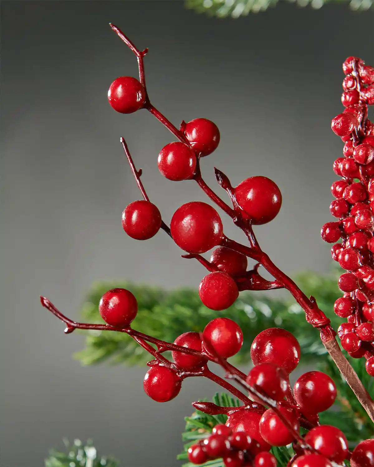 Zoomed-in image of red berries spray on Christmas tree in front of grey wall background