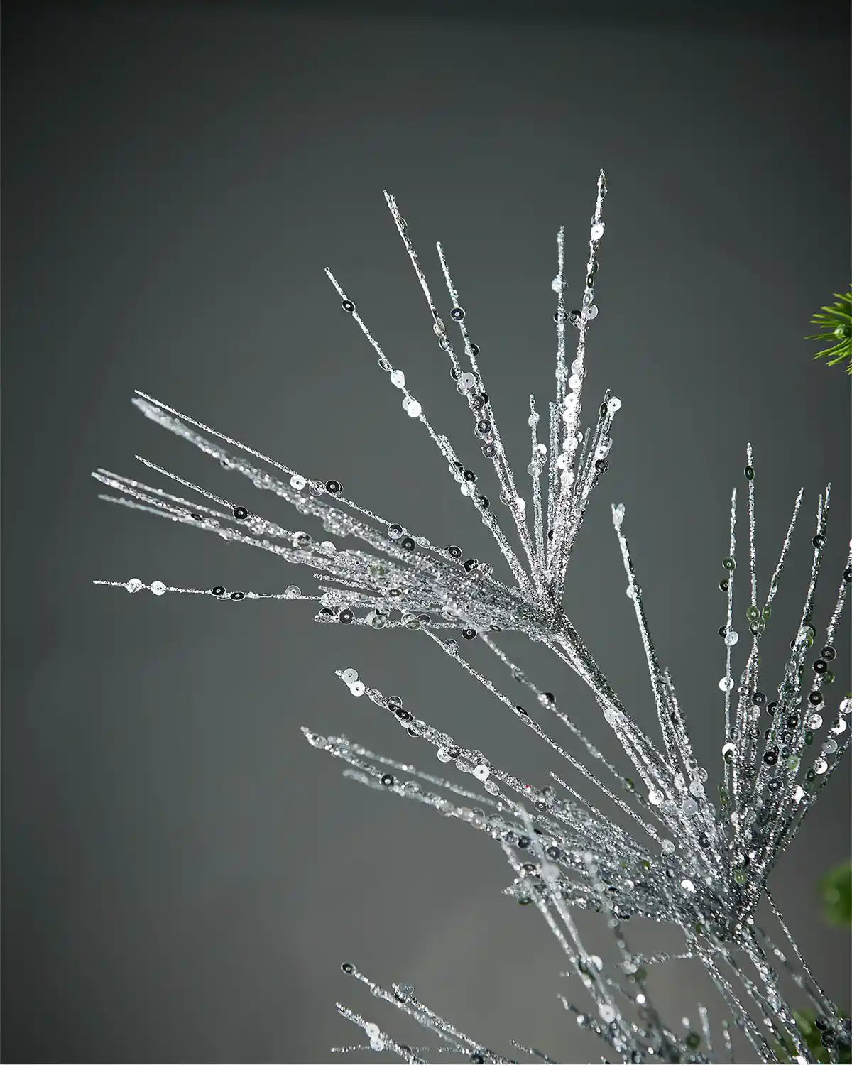 Zoomed-in silver glitter firework spray in front of grey background highlighting sequin detail